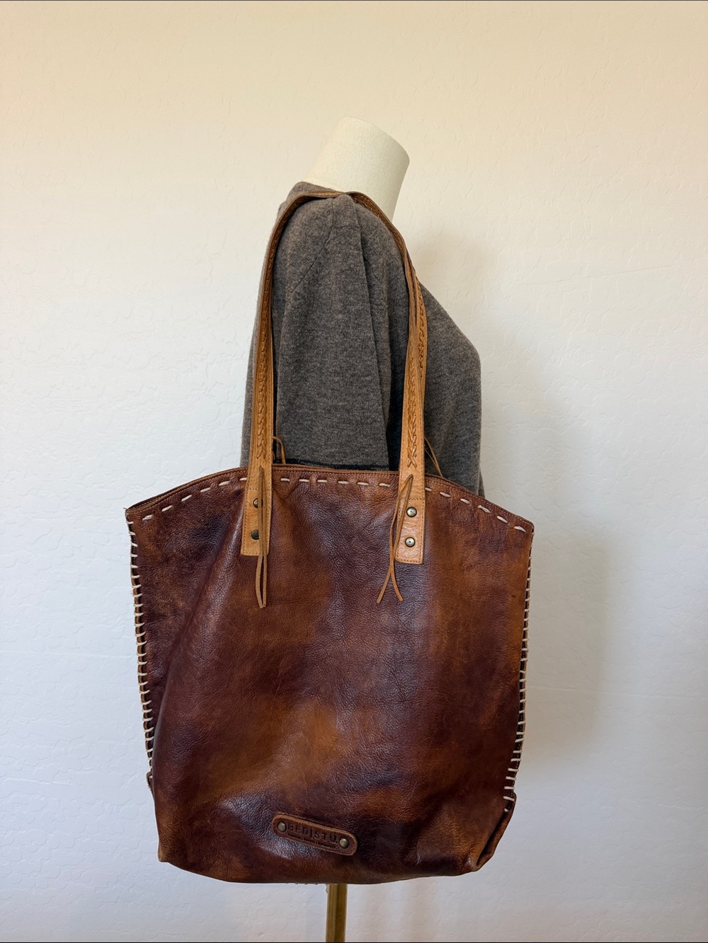 Bed Stu Barra II Tan Rustic leather tote bag handcrafted whipstitch details
